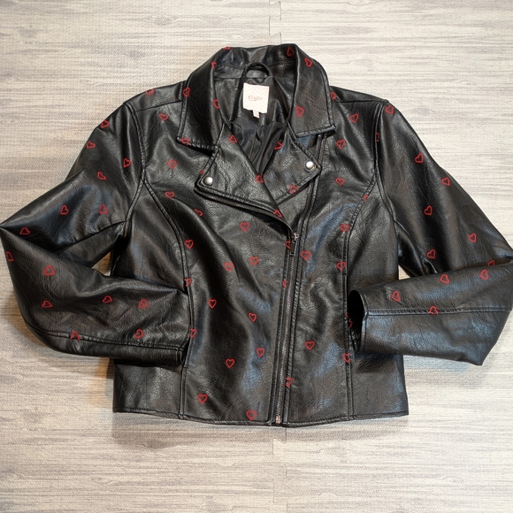 Candies Faux Leather Black Moto Jacket, Embroidered Red Hearts, Vegan, Sz L - Picture 1 of 12